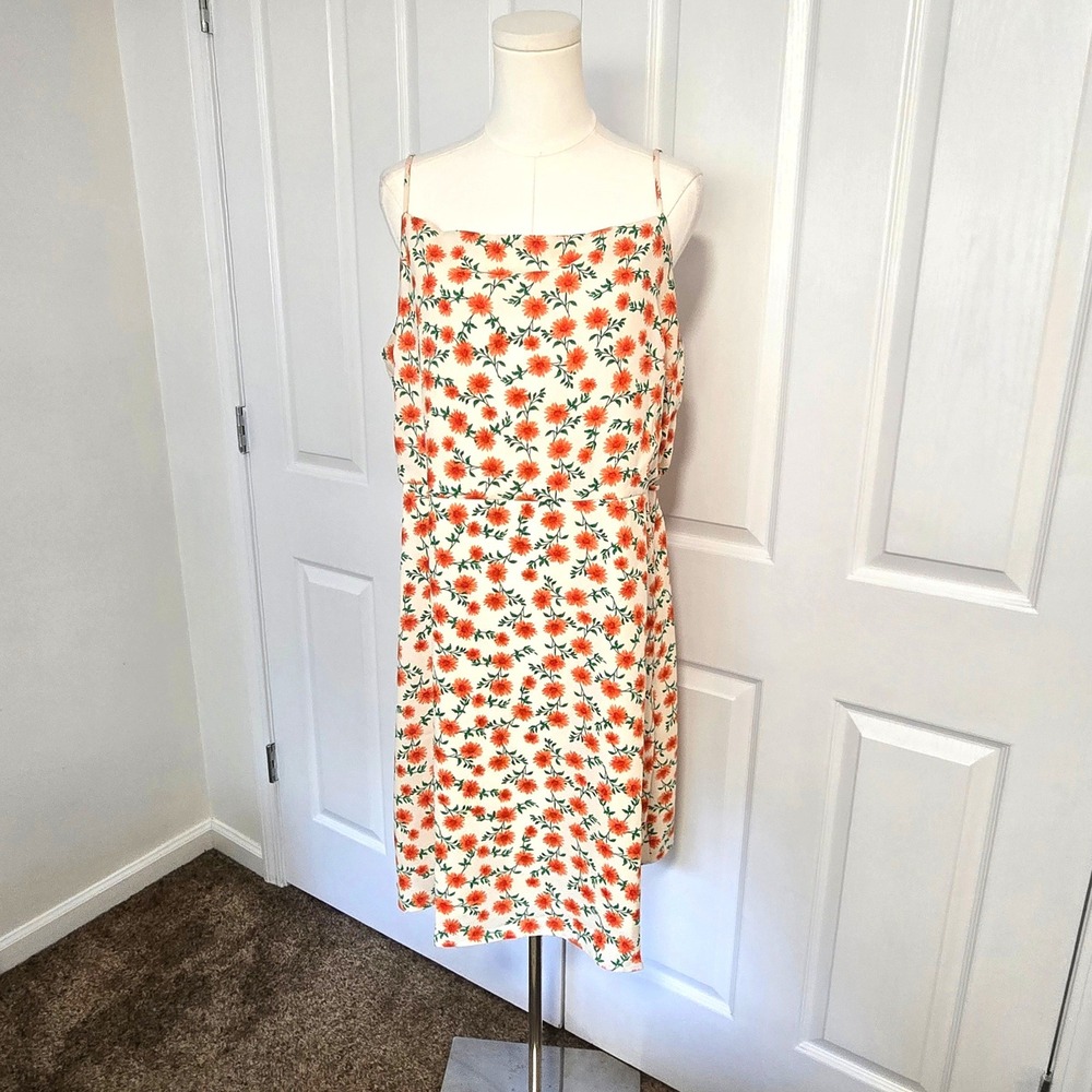 Impressions Floral Dress Womens 1X Cream Orange Spaghetti Strap Tie Back XCD8358